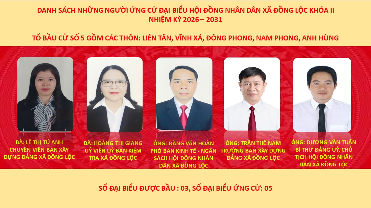 DANH SÁCH NHỮNG NGƯỜI ỨNG CỬ ĐẠI BIỂU HỘI ĐỒNG NHÂN DÂN XÃ ĐỒNG LỘC KHÓA II NHIỆM KỲ 2026-2031