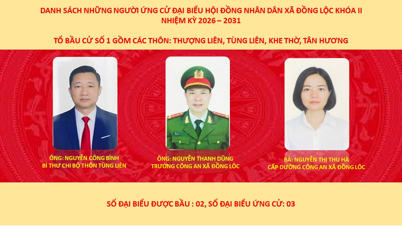 DANH SÁCH NHỮNG NGƯỜI ỨNG CỬ ĐẠI BIỂU HỘI ĐỒNG NHÂN DÂN XÃ ĐỒNG LỘC KHÓA II NHIỆM KỲ 2026-2031.