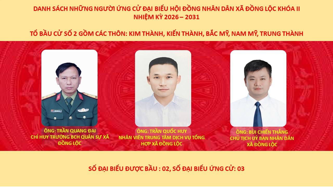 DANH SÁCH NHỮNG NGƯỜI ỨNG CỬ ĐẠI BIỂU HỘI ĐỒNG NHÂN DÂN XÃ ĐỒNG LỘC KHÓA II NHIỆM KỲ 2026-2031
