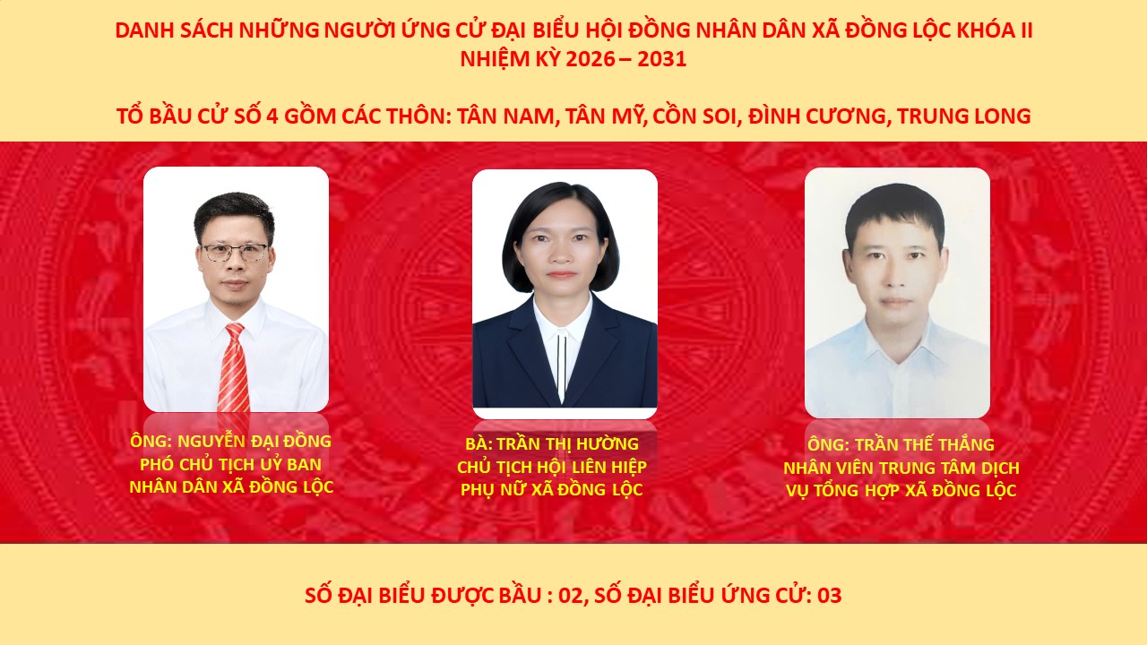 DANH SÁCH NHỮNG NGƯỜI ỨNG CỬ ĐẠI BIỂU HỘI ĐỒNG NHÂN DÂN XÃ ĐỒNG LỘC KHÓA II NHIỆM KỲ 2026-2031.