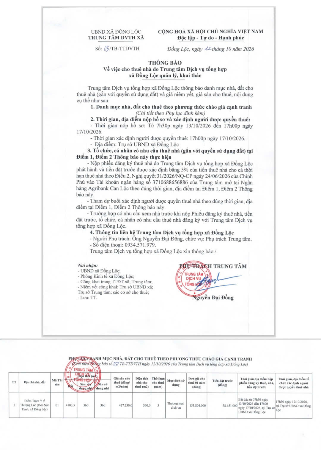 Thông báo danh mục nhà đất cho thuê