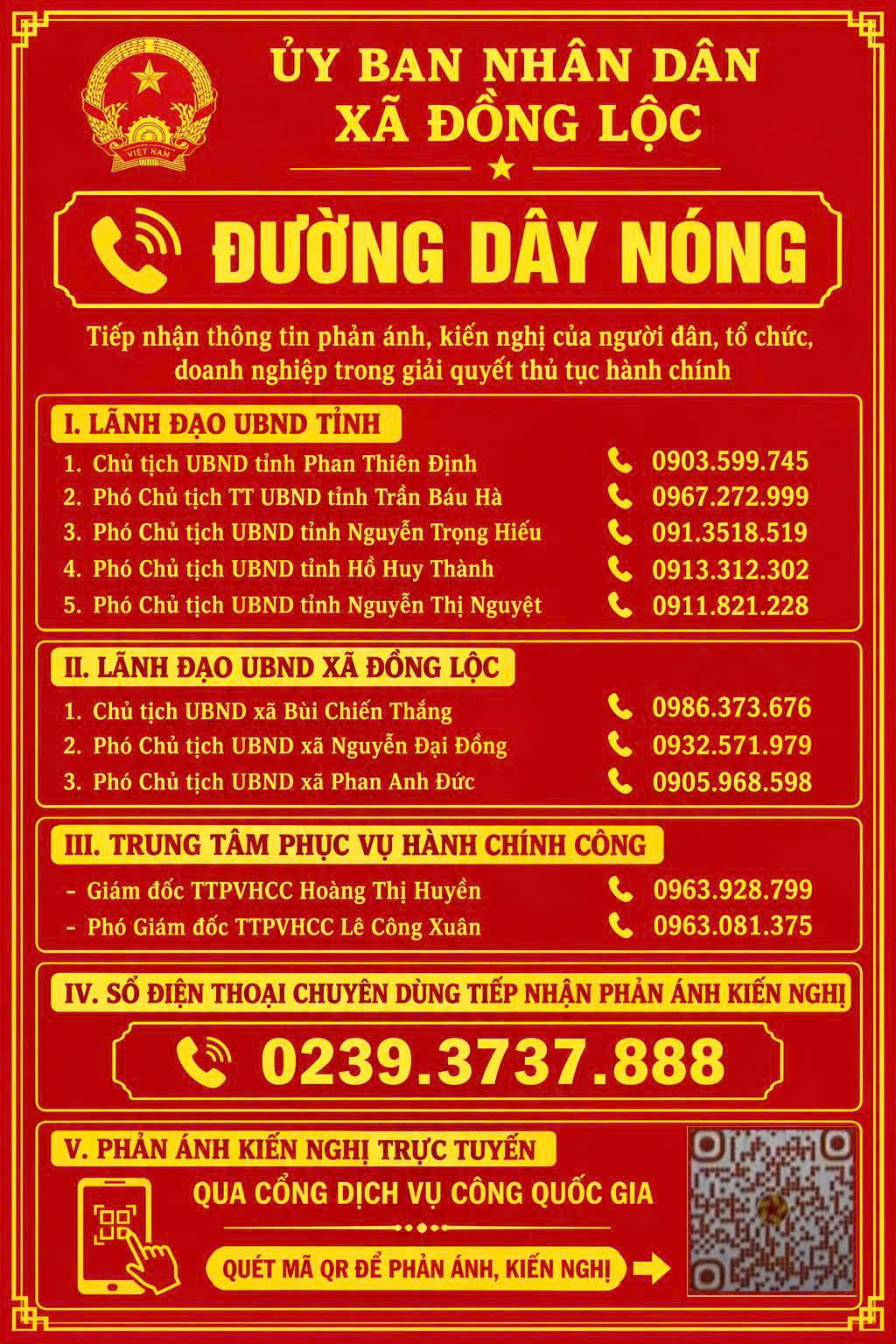 UBND xã Đồng Lộc công khai địa chỉ và số điện thoại Tiếp nhận thông tin phản ánh, kiến nghị của người dân, doanh nghiệp trong giải quyết thủ tục hành chính