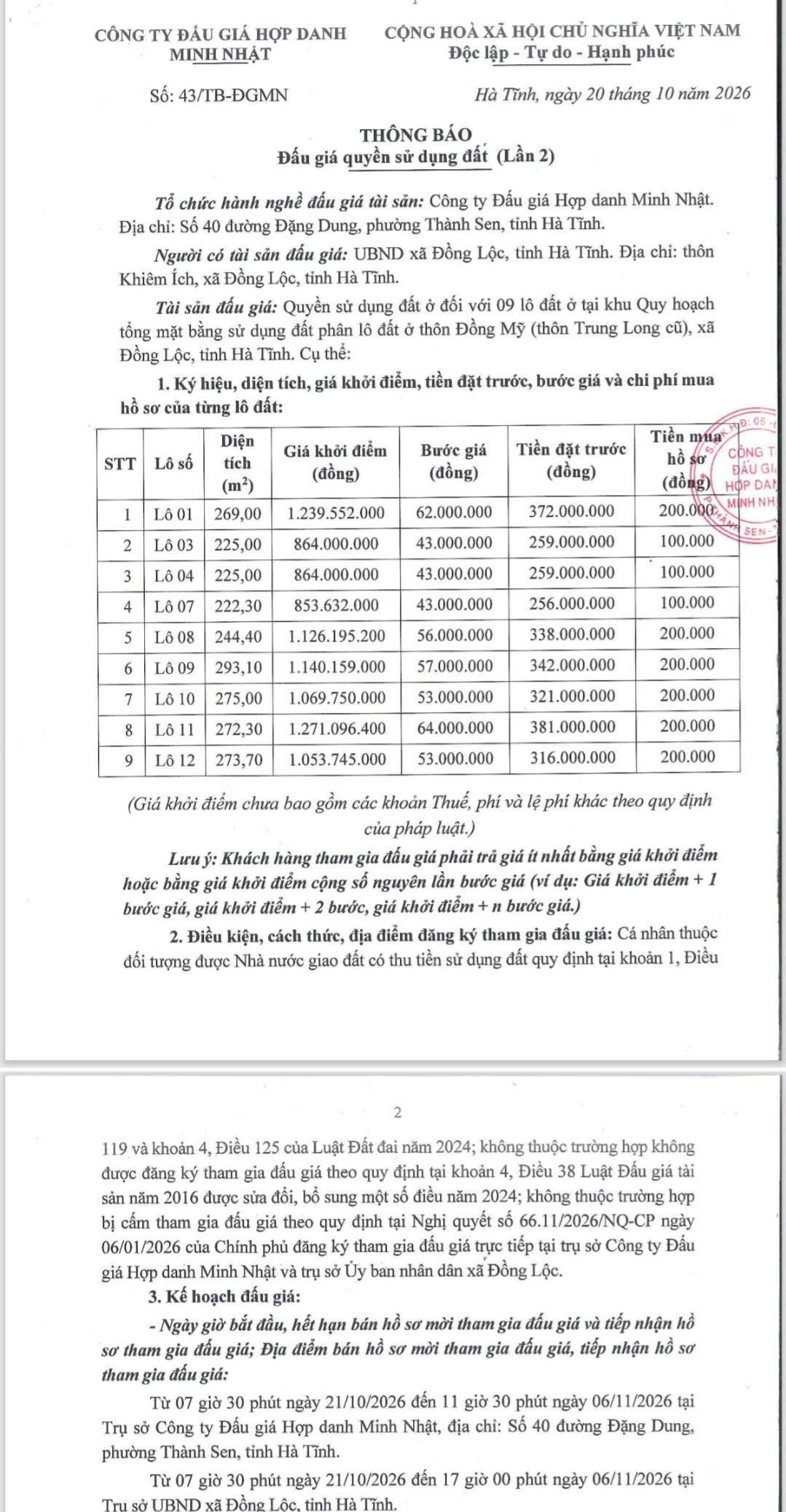 UBND Xã Đồng Lộc thông tin về việc đấu giá quyền sử dụng đất ở trên địa bàn xã